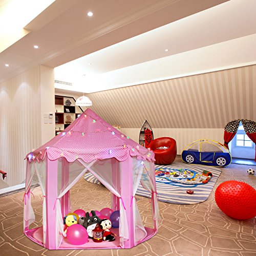 Outdoor Indoor Princess Castle Play Tents teepee,Shayson Large Playhouse Kids With Warm Soft Blanket Smile Tent Light, 40 Small Star Lights,6 Middle Hang Star Led Light,6 Large Hang Star Led Light For Festival Fairy Princess Castle Tent, Newest Design, Extra Large Room (tent series)