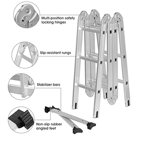 LANGRIA Mehrzweckleitern 12,1FT/3,7M Klappleiter Gelenkleiter mit Sicherheitsverriegelung Scharniere, 2 Gerüstplatten, EN131 Zertifiziert, 4 Falten, 12 Sprossen, 330 Lb / 150kg Kapazität - 6