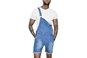 PengGengA Tuta Corta in Denim vestibilità Slim da Uomo Cinturino Regolabile Tasche con Foro Strappato Salopette