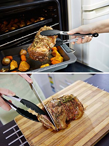 SveBake Grillzange Set – 2er Küchenzange Mehrzweckzange Servierzange aus hochwertigem Edelstahl und Lebensmittelqualität Silikon perfekt zum Kochen, Servieren, Grill und mehr 26 cm + 34 cm - 5