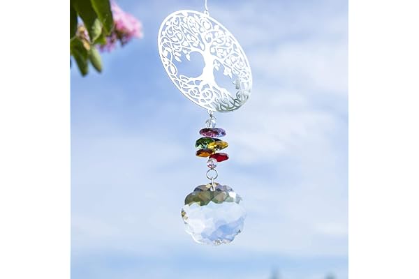 H&D HYALINE & DORA Cristal Suncatcher Suspendu Arbre de Vie en Métal Coloré Chakra Perle Feng Shui Cristal Pendentif Décoration De Jardin