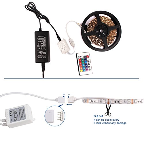 Roleadro LED Streifen Set 5M Mit Netzteil+ Ferbedienung IP20 300 Leds 5050 RGB Led Strip Dimmbar Nicht Wasserdicht Led Leiste Band 6000K - 3