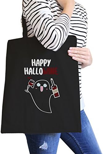 365 Printing Happy Hallowine Ghost Black Canvas Tote Bag Funny Wine Lover Gifts