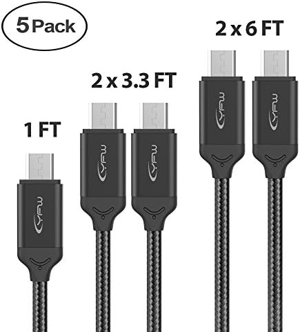 YFW Micro USB Cable Android 5-Pack (6ft 3ft 1ft) Family Android Charger Nylon Braided USB to Micro USB Cable Fast Charger Charging Cord for Samsung Galaxy S7 S6 S5 Note,LG,HTT,Nexus,Kindle (Black)