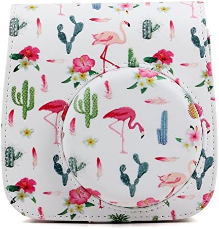 Alkia Protective Case Compatible for Fujifilm Instax Mini 9/Mini 8/Mini 8+ Instant Camera Case Bag - Premium Vegan Leather Bag Cover with Removable Strap (Flamingo &amp; Cactus)