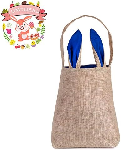 Easter Bag Baskets, Umydeal Easter Basket Gift Bag Dual Layer Bunny Ears Design Jute Cloth Tote Bag Personalizable Easter Eggs Hunts Bag Size 12"X10"X3.9" (Navy Blue)