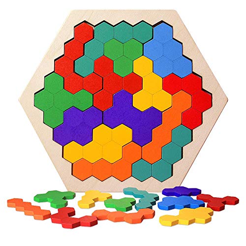 Blppldyci Wood Tangram Jigsaw Brain Teasers Toy for Kids Adults 16 Pcs Wooden Hexagon Jigsaw Wooden Puzzles Wooden Geometric Leaning Toys