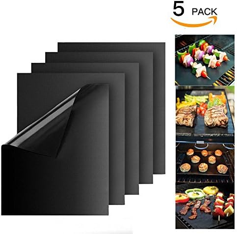 Onezo Picnic BBQ Grilling Mats Set of 5,Outdoor Non Stick Oven Liner Teflon Cooking Mats, Washable Reusable for Charcoal,Electric and Gas Grill (15.7x 13inch Black)