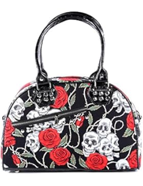 Rockabilly l Handtasche l Skulls and Roses l Gothic l mit Tragegurt und Reißverschluss l 100% Polyester