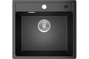 ANYCEE Fregadero Negro 45x46 cm, Granito Fregadero Cocina Incl Sifón para Muebles Bajos a Partir 45 cm Ancho, 80% Cuarzo Arena