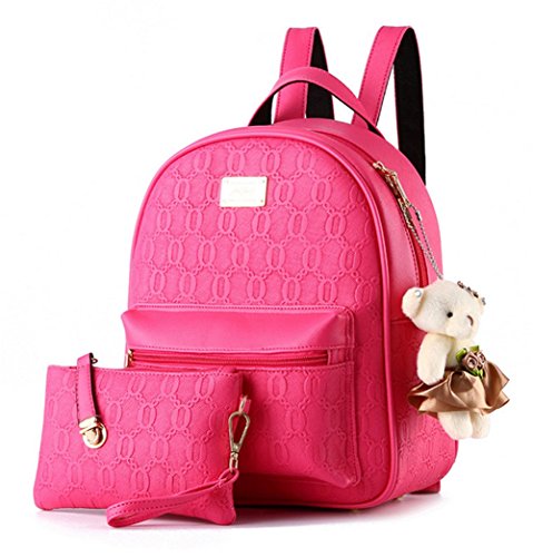 YAAGLE Relief PU Casual Damen Mädchen College Schulter Tasche mit Bär Dekorationen Rucksack + Handtasche, 2