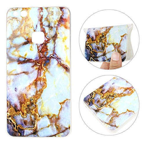 Huawei P10 Lite Hülle Silikon, Rosa Schleife Schutzhülle für >Huawei P10 Lite< Ultra Dünn Slim Case Flexible Soft Weich TPU Silicone Backcover Bumper Schale Handyhülle mit Bunte Marmor Muster , Gold Marmor