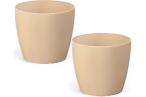 PECZEKO Macetas Brillantes Macetas Decorativas Hierbas Macetas Redondas de plástico duraderas y Ligeras para salón, Comedor, Cocina, terraza, balcón Juego de 2 Piezas (Capuchino, diámetro 18 cm)