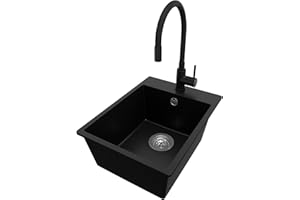 PRIMAGRAN Evier Cuisine en Granit Noir 38x50cm, Lavabo 1 bac + Robinet 32x20cm + Kit de Vidage, Évier à Encastrer al mueble 40cm - Riga S017