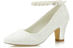 JIAJIA 62311A aux Femmes Chaussures de mariée Bout fermé 7cm Talon épais Dentelle satinée des Pompes Chaussures de Mariage