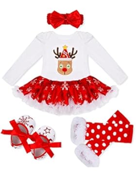 DecStore Baby Mädchen Mein erster Weihnachtskostüm Party Kleid Tutu Kleidung 4PCS Set