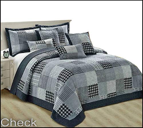 Bedspread Patchwork 1 Pillow Sham 2 Piece Set Size 180 cm x 240 cm Grey with Dark Grey Boxes (Single