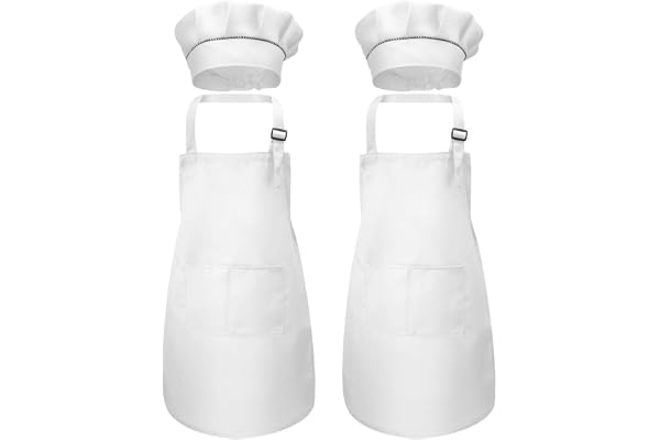 4 Pièces Tablier Enfant et Chapeau de Chef, Ajustable Tablier de Chef avec 2 Poches pour Filles Garçons, Bambin Tabliers de Cuisine Jardin pour Cuisson Peinture l'artisanat (7-13 Ans)