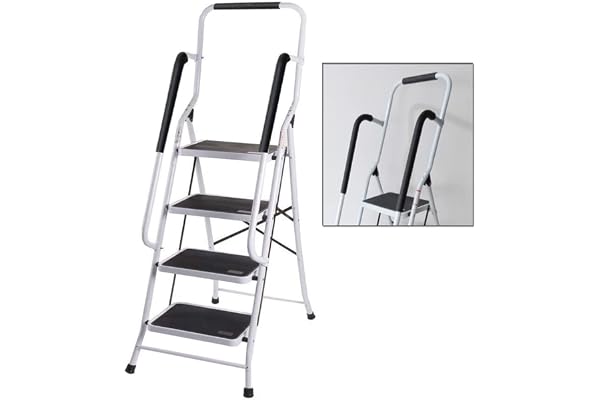 Escabeau pliable, tabouret de sécurité portable 4 marches, escabeau 4 marches avec main courante et tapis antidérapant, métal robuste, pour maison/cuisine/garage/peinture/décoration/travaux ménagers
