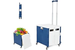 Nastarki Carrello Spesa Pieghevole Della Spesa Pieghevole Carrello Porta Spesa Trolley Pieghevole in Plastica Carrello Pieghevole a Mano con Coperchio con Manico Regolabile con Freni (Blu e bianco)