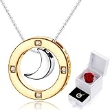 MARENJA Collar Mujer de Moda Chapado en oro Grabado 'Te quiero de aquí a la luna y vuelta' con Caja Joyero y Rosa Preservada Eterna