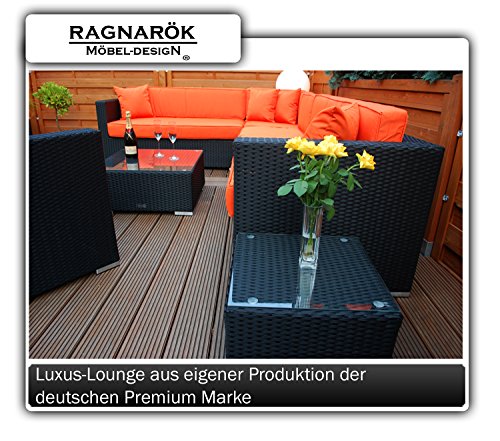 PolyRattan Lounge DEUTSCHE MARKE -- EIGNENE PRODUKTION 7 Jahre GARANTIE Garten Möbel incl. Glas und Polster Ragnarök-Möbeldesign (schwarz) Gartenmöbel