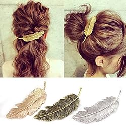 CINEEN 3Pcs Retro Horquilla Pelo Tocado Lado Clip Pin de Aleación De Plumas Hojas Pasador Garra Accesorios Barrettes (Dorado + Plata + Bronce) ...