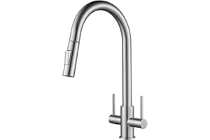 NEWEAST Kitchen Tap with Pull Out Sprayer Brushed Nickel Dual Lever Kitchen Sink Mixer Tap Swan Neck One Hole Monobloc Faucet