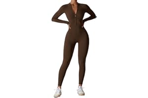Belriviere Women Long Sleeve Workout Jumpsuit Zip Up Romper Bottom Pants Bodysuit Bodycon Athletic Sexy One Piece Outfit