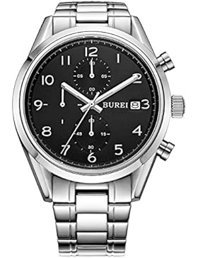 BUREI Edelstahl Chronograph Herren Uhren Saphirglas Herrenuhr mit schwarz Zifferblatt und silberner Zeiger