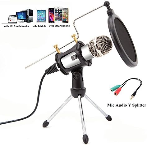 Professional singing recording microphone， JIanna phone K song microphone with a shock frame for computer PC Andrews &amp; Apple phone，PLUG AND PLAY- MC6B (Silver)