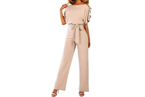 Coloody Damen Lang Jumpsuit Elegant Sommer Kurzarm V-Ausschnitt Overall Hosenanzug Romper Weites Bein Playsuit Mit Taschen