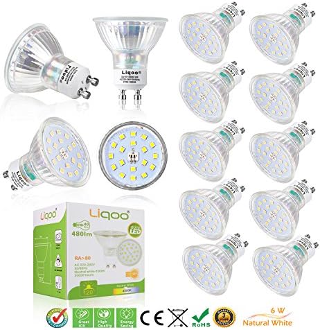 Liqoo GU10 LED Bulbs, No Strobe High CRI 6W White 4500K 450lm Equivalent to 40W Halogen Lamps 120 Degree Beam Angle AC 220V-240V Not Dimmable Ø 1.97" x 2.16" Pack of 10