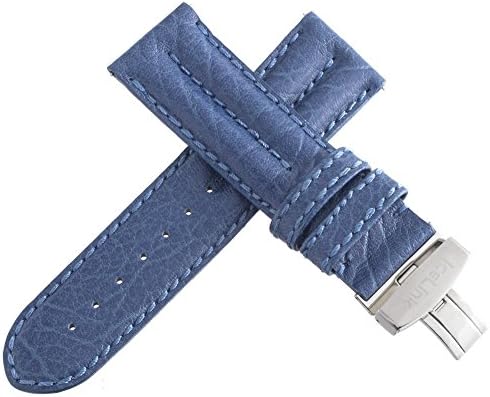 IceLink Men's Blue Genuine Leather Watch Band Strap W/ Stainless Steel Deployment Buckle 26mm