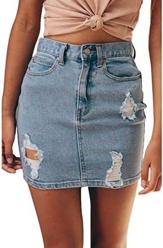 Aelegant Women High Waist Bodycon Ripped Denim Mini Short Skirt