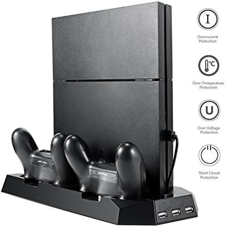 PS4 Multifunction Vertical Cooler Stand with Cooling System for Sony PlayStation 4 Console, Added with Dualshock Controllers Charging Station, USB HUB Charger Ports and 8 Silicon Thumb Grips