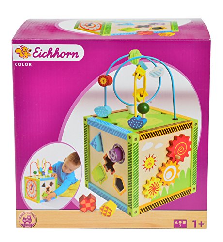 Eichhorn 100002235 – buntes Holz-Spielcenter, 20x20x36 cm – Motorik -inklusive Motorikschleife, Uhr, Motorikspiel, Drehspiel und 5 Steckbausteine - 7