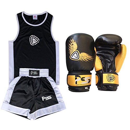 Ensemble 2 Pièces Uniforme Enfant Haut et Short Noir Blanc Gant Boxe 100 g - Noir/Blanc, Uniforme enfant 7-8 ans
