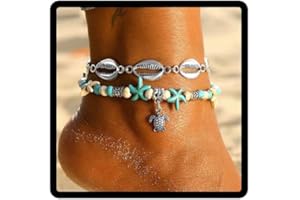 Tortue Cheville Carufin Étoile de Mer Double Couche Turquoise Shell Bracelets de Cheville Accessoires d'été Réglable Plage Pied Bijoux pour Femmes et Filles