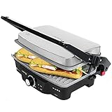 Panini Grill, parrilla eléctrica, plancha y sandwichera con revestimiento de piedra RockStone. 1500W y superficie de 28,7 x 17 cm. Apertura 180º. Rock'nGrill 1500 de Cecotec