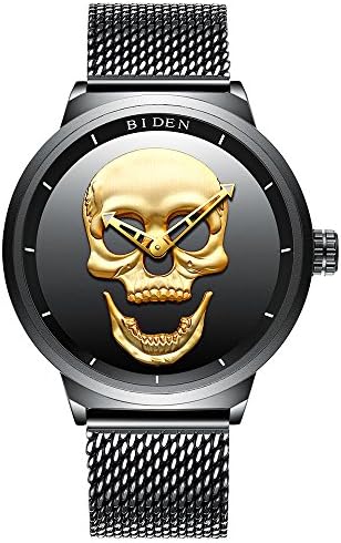 Mens Watch Stainless Steel Mesh Band Big Dial Watches Punk Stylish 3D Skull Quartz Analog Luminous Casual Wristwatch