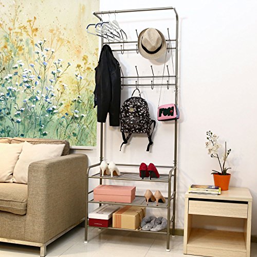 HOMFA Kleiderständer Schuhregal Garderobenständer Garderobenhaken Flurgarderobe Garderobenmöbel 3 Ablagefächer Schuhablagen mit 20 Haken,68.5x34x190cm(Champagnerfarbe) - 7