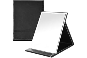 Kaqisen Specchio pieghevole per trucco, specchio da barba, specchio pieghevole con custodia in pelle PU, 173 mm x 123 mm x 10,5 mm, specchio tascabile nero