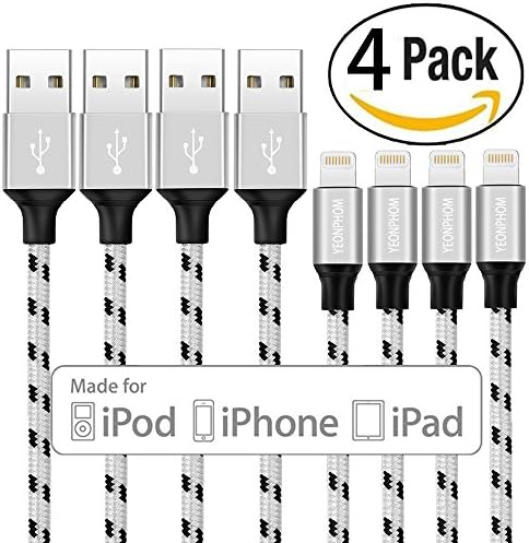 Lightning Cable,YEONPHOM 4Pack 3FT/1M Nylon Braided USB Charging Cables Sync Charger Cord for iPhone X/8/7/7 Plus/6/6s/6 plus/6s plus,5c/5s/5/SE,iPad Air/Mini/Pro,iPod Nano/Touch (Black/Silver)