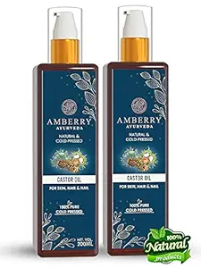 Amberry Ayurveda Organic Cold Pressed Castor Oil for Hair - Moisturizes Dry Skin| For Hair Growth, Eyelashes, Joint and Muscle Pain 200ml (200ml Pack 2)