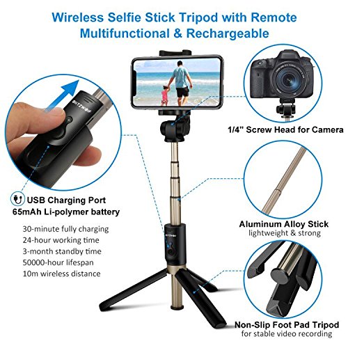 Selfie Stick Stativ mit Fernbedienung, BlitzWolf 4 in 1 Verstellbare Selfie-Stange Stab Monopod fÃ¼r Gopro Kamera iPhone X/ 8/ 7/ 7 plus/ 6s/ 6/ 5s Android Samsung und die meisten Smartphones, Ausfahrbar 360Â° bis zu 68 cm VerlÃ¤ngerbar (Schwarz)