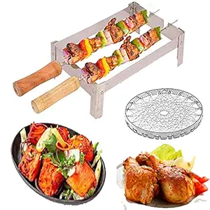 Geico-master Premium Rasoi Nano Folding Barbeque Tandoori Stand Grill for Home Gas Stove Charcoal Gas BBQ Grill 2 Nos Wooden Handle Skewers Kitchen Grill Tools New Mini Chhota Tandoor Stand