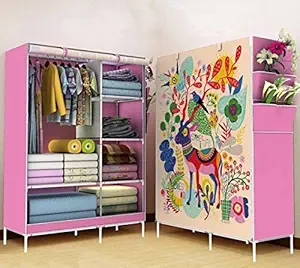 Lukzer 5 + 1 Shelves Clothes Storage Wardrobe Cupboard Fancy Portable Cabinet Foldable Multipurpose Closet Collapsible Fabric Wardrobe (Printed Deer Design/165 x 105 x 45cm / Pink)