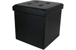 NAWA Home & Work - Taburete Puff Baúl de Almacenaje Plegable | Capacidad de 300 kg | Espacio de 40 L | Elegante y Versátil, Negro, 38x38x38 cm, Piel Sintética