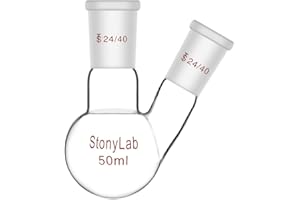 stonylab Dos-Cuello Balones de Destilación Redondo Frasco de Fondo de Borosilicato Vidrio RBF, con 24/40 Centro y Lado Cónicos Estándar Externo Joint, Round Bottom Flask Boiling Flask Lab Flask, 50ml